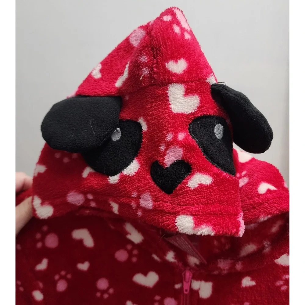 Chili Peppers Girls Red Heart Paw Print Hooded‎ Fleece Pajama Jumpsuit Size 12